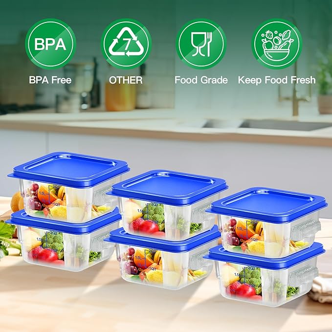 FeyBuosk 6 pcs 2qt Food Storage Containers with Lid, Square Clear Commercial Food Storage Containers with Handle and Scale for Food Storage in Home Kitchen & Dining (Blue)