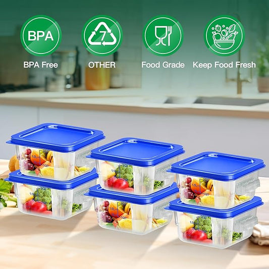 FeyBuosk 6 pcs 2qt Food Storage Containers with Lid, Square Clear Commercial Food Storage Containers with Handle and Scale for Food Storage in Home Kitchen & Dining (Blue)