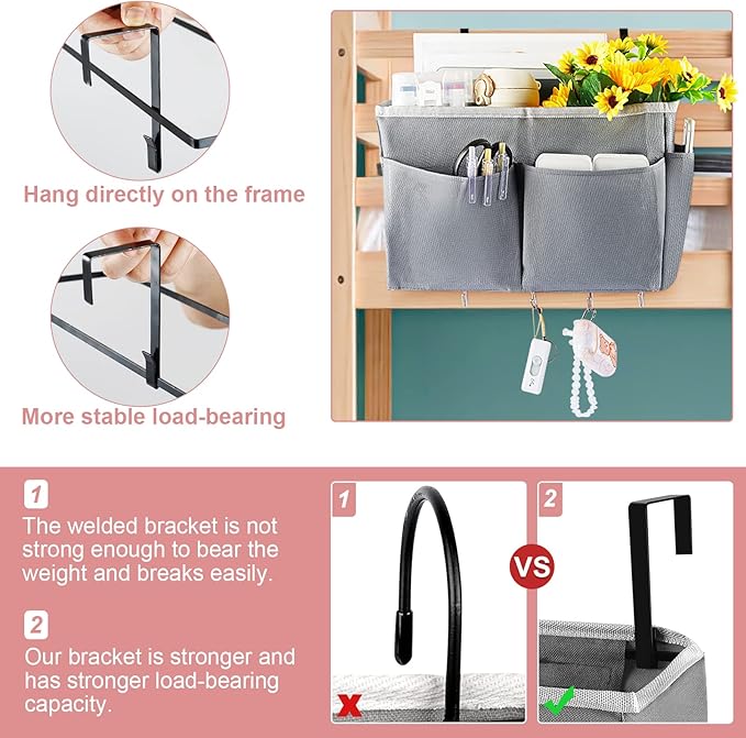 Retyion Bedside Storage Bag with 4 Hooks Multi-Function Hanging Organizer Caddy for Headboards Bunk Bed Hospital Bed (Grey)