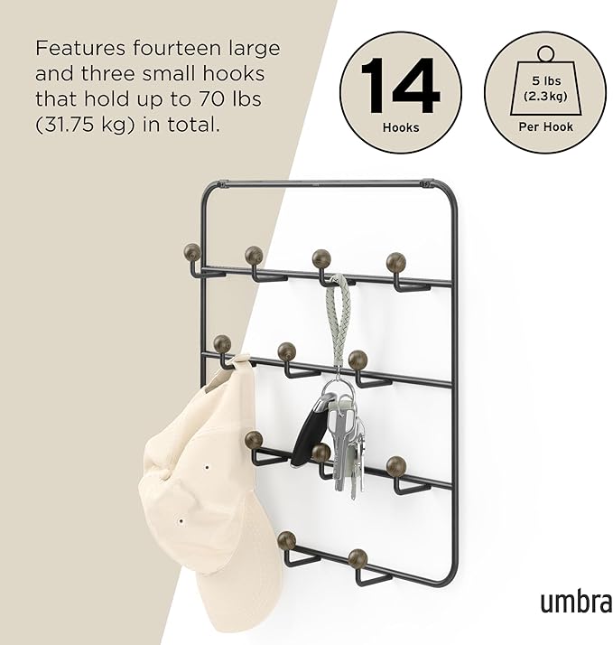 Umbra Estique Over The Door Coat Rack & Multi-Use Organizer, for Coats, Bags, Hats & More, Black/Walnut