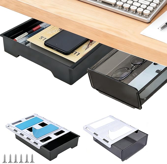 2 Pair Under Desk Drawer Organizer, Attachable Slide Out Storage Drawers, Hidden Desktop Organizers, Self-Adhesive Table Storage Accessories for Home Office and School