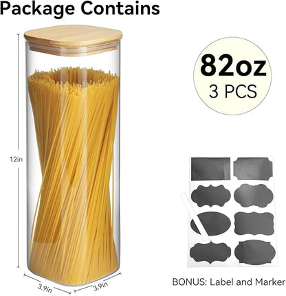 Glass Spaghetti Pasta Storage Container - 3 Pack 82 OZ Airtight Food Storage jar with Bamboo Lid Labels - Tall Square Kitchen Pantry Canister Set for Noodle Cookies Flour Cereal Coffee Bean