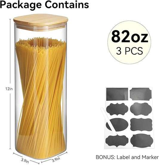 Glass Spaghetti Pasta Storage Container - 3 Pack 82 OZ Airtight Food Storage jar with Bamboo Lid Labels - Tall Square Kitchen Pantry Canister Set for Noodle Cookies Flour Cereal Coffee Bean