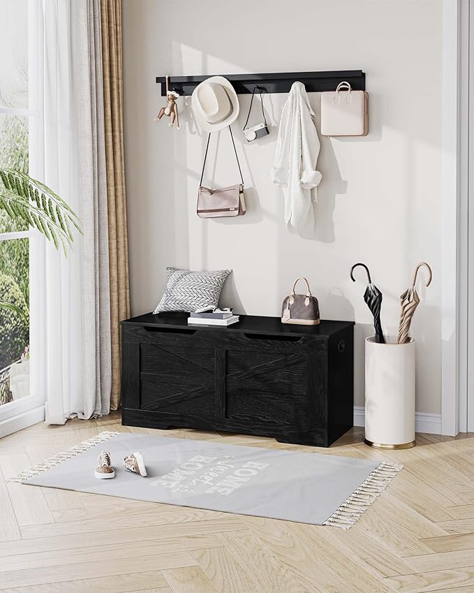 39.4" Storage Chest, Extra Large Storage Trunk with 2 Hinges, Wooden Box Bench, Lift-Top Organizer Chest, Shoe Bench for Entryway, Bedroom, Living Room, Black SB03404X