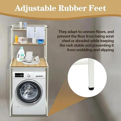 Washer and Dryer Storage Rack, 3 Tier Over The Washer and Dryer Storage Shelf, Bathroom Space Saving Organizer Shelves Space Saver Standing Rack for Bathrooms, Laundry Rooms (White+ Log)