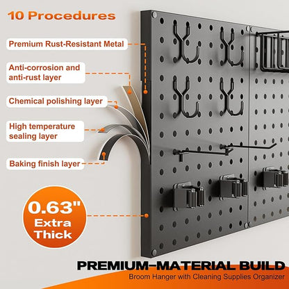 Broom Holder Wall Mount, Peg Board Wall Organizer with Mop Hanger Gripper Hooks Basket, Laundry Room Organization and Storage with Cleaning Supplies Organizer, Metal Pegboard for Utility Closet Garage