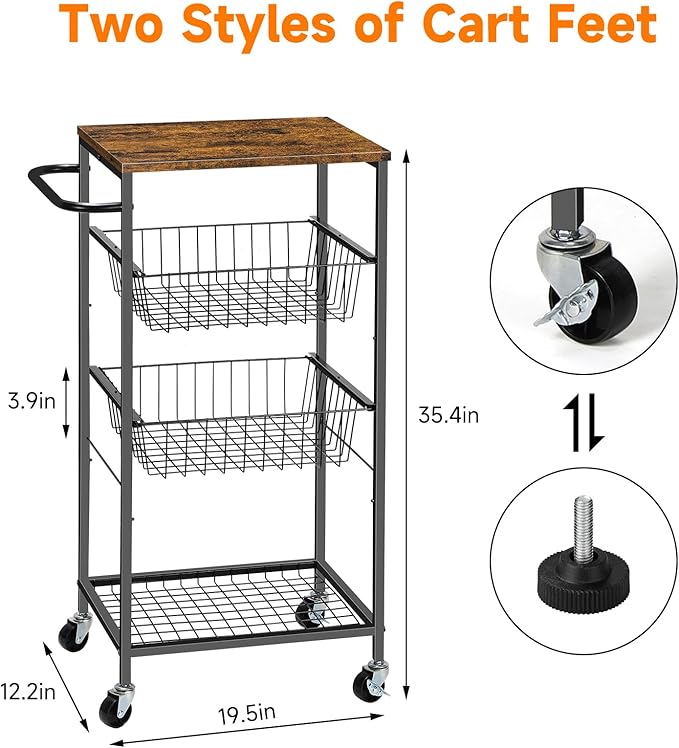 CADUKE Bar Cart with Handle, Serving Cart with Pull-Out Mesh Baskets, Utility Cart on Wheels for Kitchen, Dining Room, Living Room