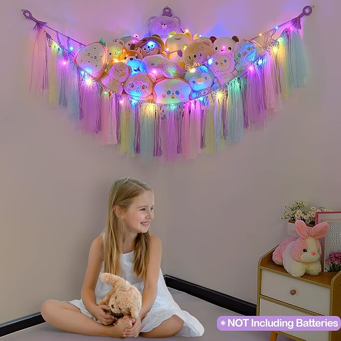 FIOBEE Stuffed Animals Net or Hammock with LED Light, Toy Hammock Hanging Stuffed Animals Storage Organizer Holder Room Décor for Nursery Kids Bedroom