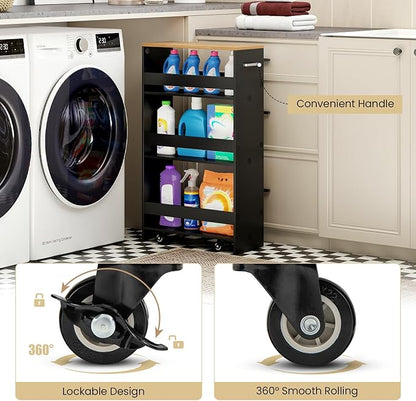 Small Kitchen Cart, 4-Tier Slim Rolling Island w/Handle, Laundry Room Storage Organizers Between Washer and Dryer, Narrow Spice Rack on Wheels Next to Fridge (Black, 8'')