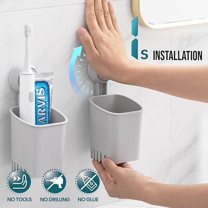 TAILI Suction Toothbrush Holder 2 Pack, Powerful Toothpaste Toothbrush Suction Cup, Self-draining Shower Razor Holder, Shower Toothbrush Holder for Wall, Kitchen Tableware Holder, Gray