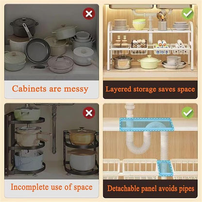 Under Sink Organizers, 2 Tier Stretchable Cabinet Shelf Organizer with 4 Removable Panels and 4 Under Shelf Basket for Under Bathroom Storage,Under Cabinet Shelves,kitchen Sink Storage Rack (white)