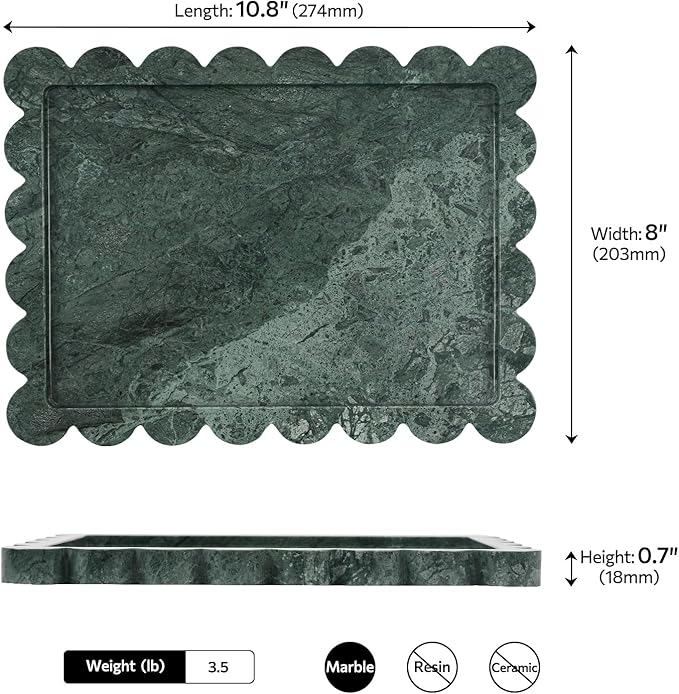 Faticdorr Natural Marble Scalloped Tray 10.8" x 8", Marble Vanity Tray for Jewelry Trinket Cosmetics Perfume Candle, Luxury Decorative Trays for Bathroom Kitchen Dresser Countertop, Green
