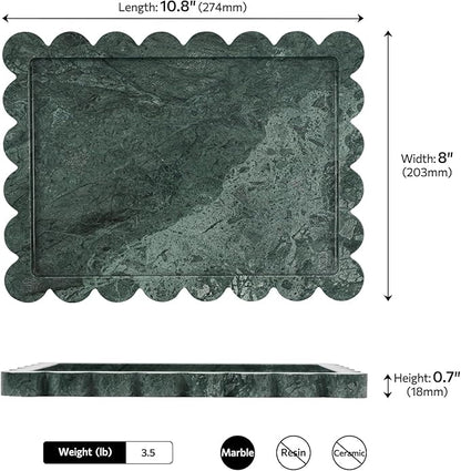 Faticdorr Natural Marble Scalloped Tray 10.8" x 8", Marble Vanity Tray for Jewelry Trinket Cosmetics Perfume Candle, Luxury Decorative Trays for Bathroom Kitchen Dresser Countertop, Green