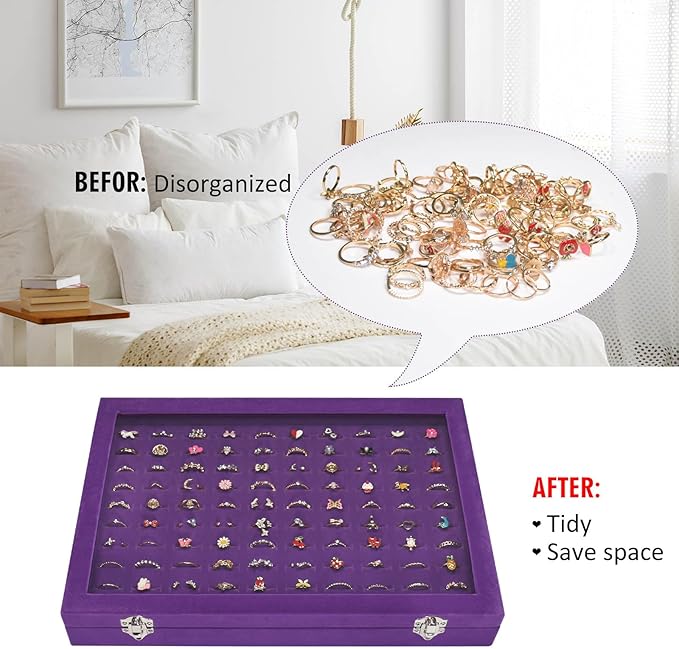 Rings Organizer Tray 100 Slot Velvet Ring Earring Storage Box TranSparent Cover Jewelry Store Ring Display Box Jewelry Display Cabinet for Girl Wife Mother