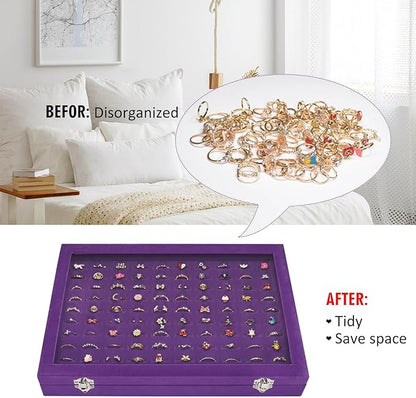 Rings Organizer Tray 100 Slot Velvet Ring Earring Storage Box TranSparent Cover Jewelry Store Ring Display Box Jewelry Display Cabinet for Girl Wife Mother