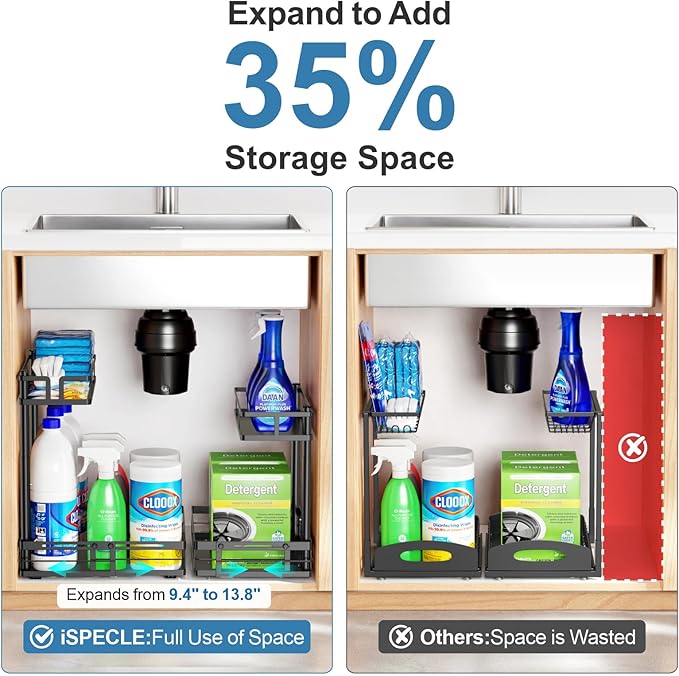 iSPECLE Under Kitchen Sink Organizer - 2 Pack Height Adjustable Pull Out Cabinet Organizer Fit Around Plumbing & Disposal, Heavy-Duty Undersink Storage Sliding Get Item for 30" - 36" Wide Sink Cabinet