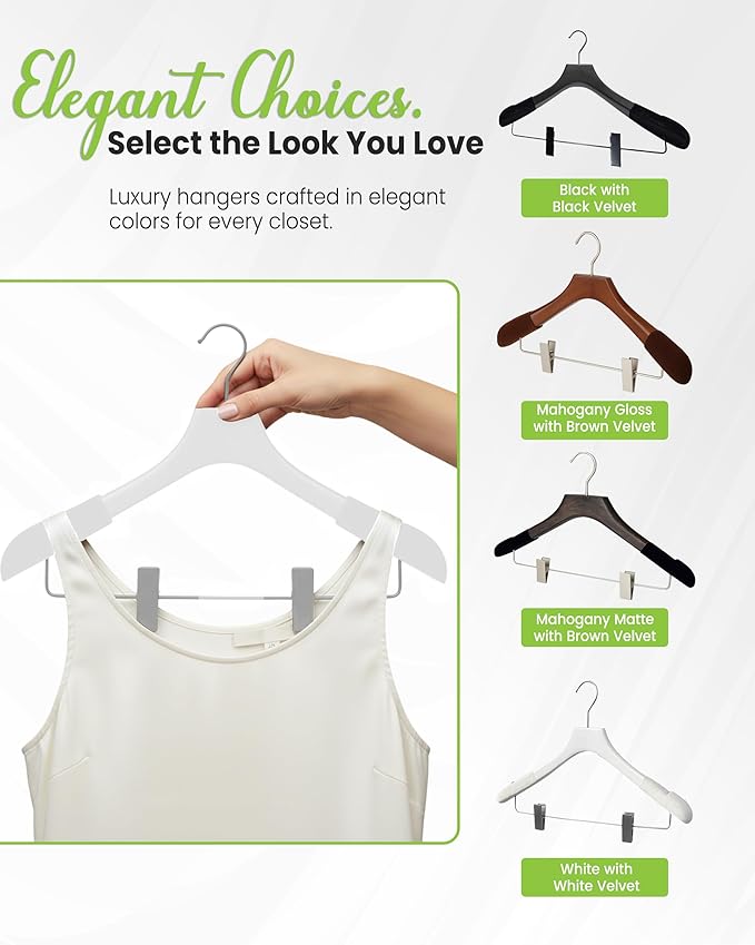 All Hung Up Hangers - Wooden Hangers with Clips for Women, Solid Wood Skirt & Suit Hangers, Heavy-Duty Adjustable Non-Slip Design with Velvet Grip, White with White Velvet, 12 pcs