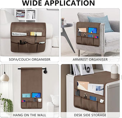 WETRBWEH TV Remote Control Holder Couch Caddy, Non-slip Bedside Caddy Organizer with 5 Pockets for Key Glasses Phone Magazine Holders (Brown, 35''x18'')