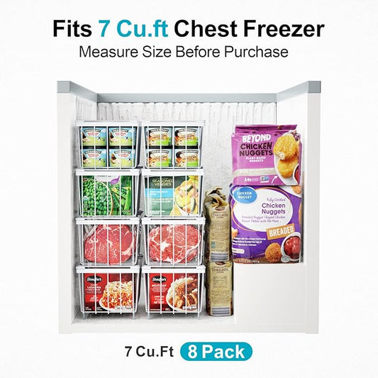 iSPECLE Chest Freezer Organizer Bins - 8 Pack Small Stackable Deep Freezer Organizer Bins for Most 7 Cu.FT Freezer Sort Frozen Meats, Freezer Storage Bins Easy Access Food without Digging, White
