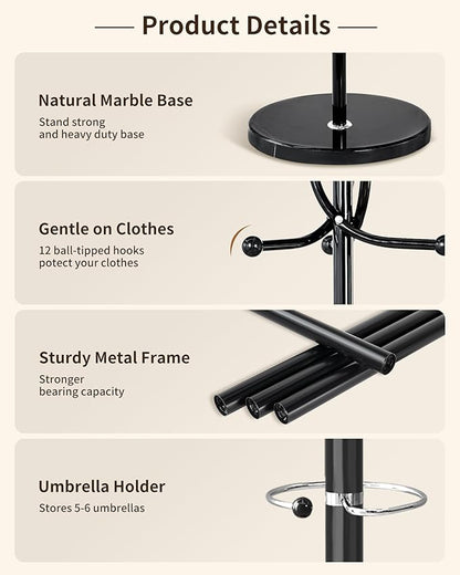 ZOZOE Metal Coat Rack Stand, Modern Coat Rack Freestanding with Natural Marble Base, Sturdy Coat Racks with 10 Hooks & Umbrella Holder,Black Coat Tree Hanger Stand for Bags,Hats,Entryway,Office