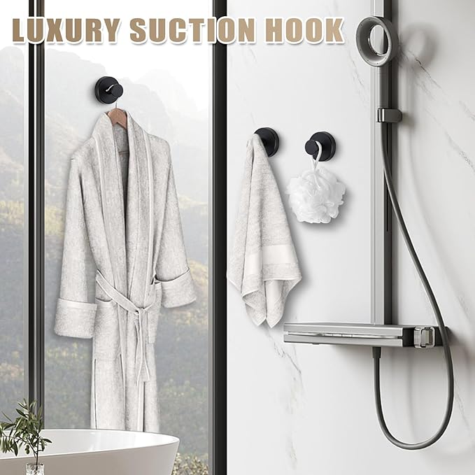 Fenas Suction Cup Hooks for Shower No-Drill Bathroom Hooks for Towels, Robes, Loofah Mountable on Bathroom Walls, Kitchen, Glass, Mirrors, Tile and Smooth,Non-Porous Surfaces (4, Matte Black)