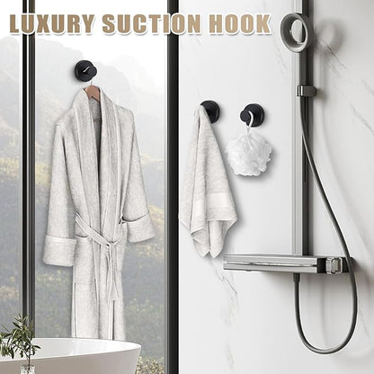 Fenas Suction Cup Hooks for Shower No-Drill Bathroom Hooks for Towels, Robes, Loofah Mountable on Bathroom Walls, Kitchen, Glass, Mirrors, Tile and Smooth,Non-Porous Surfaces (4, Matte Black)