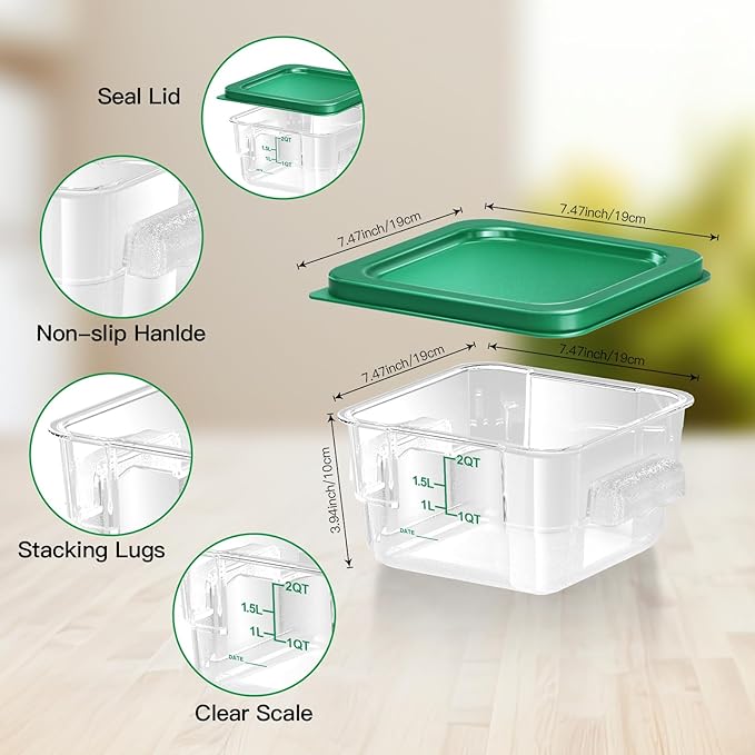 FeyBuosk 4 pcs 2qt Food Storage Containers with Lid, Square Clear Commercial Food Storage Containers with Handle and Scale for Food Storage in Home Kitchen & Dining (Rreen)