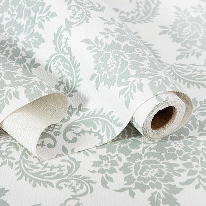 RAY STAR Shelf Liner, Non Adhesive Sage Green Damask Floral Kitchen Cabinet Liner for Pantry Drawer Pantry, Non Slip Waterproof, Shelf Liners for Kitchen Cabinets Cupboard 18 Inch x 8 FT (5 Rolls)