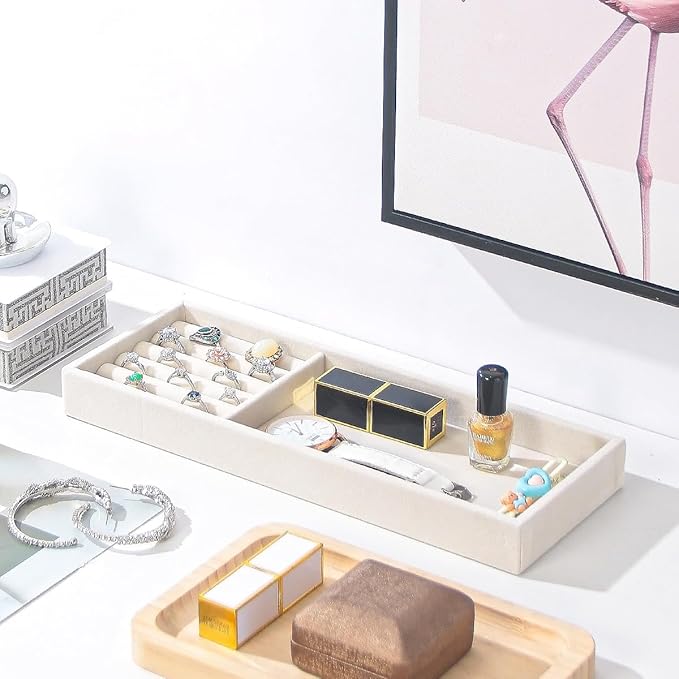 Divided Drawer Organizer Tray, Velvet Jewelry Storage Tray, Necklace Bracelet Ring Earring Display Tray,Bedside Nightstand Desk Holder Tray for Phone Watch Sunglasses Cosmetics Storage/Beige/2grid