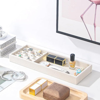 Divided Drawer Organizer Tray, Velvet Jewelry Storage Tray, Necklace Bracelet Ring Earring Display Tray,Bedside Nightstand Desk Holder Tray for Phone Watch Sunglasses Cosmetics Storage/Beige/2grid