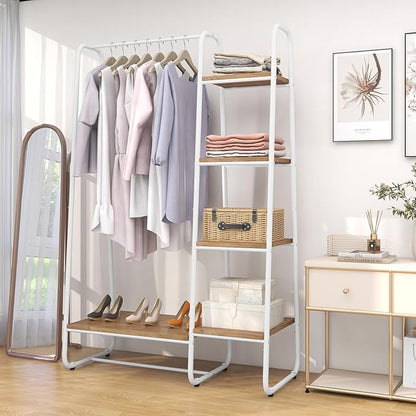 Tangkula Garment Rack with Shelves, Clothes Rack with 5 Shelves & Hanging Bar, Open Wardrobe for Hanging Clothes and Storage, Free Standing Closet Organizer, Clothing Rack for Bedroom Entryway