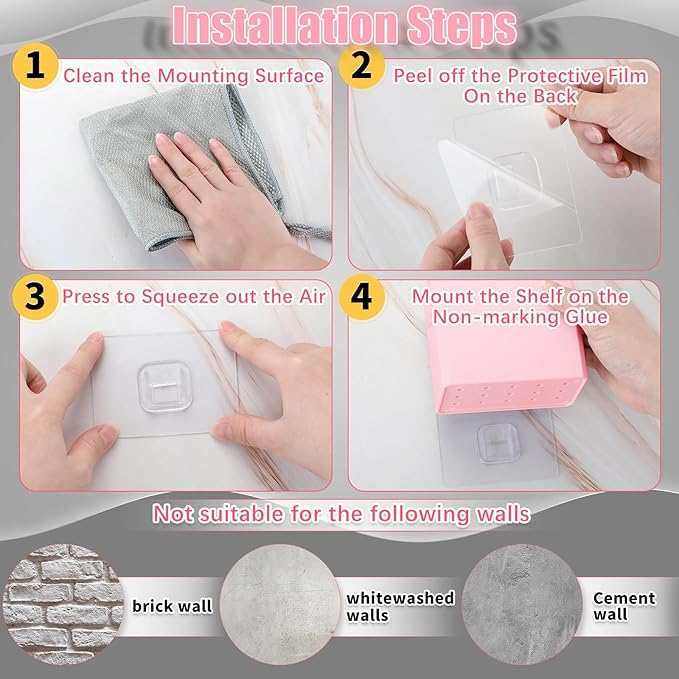 Suclain 4 Pcs Wall Mounted Organizer Non-drilling Adhesive Floating Shelf Wall Bin Organizer Hanging Storage Containers for Bedroom Bathroom Kitchen Office (Pink)