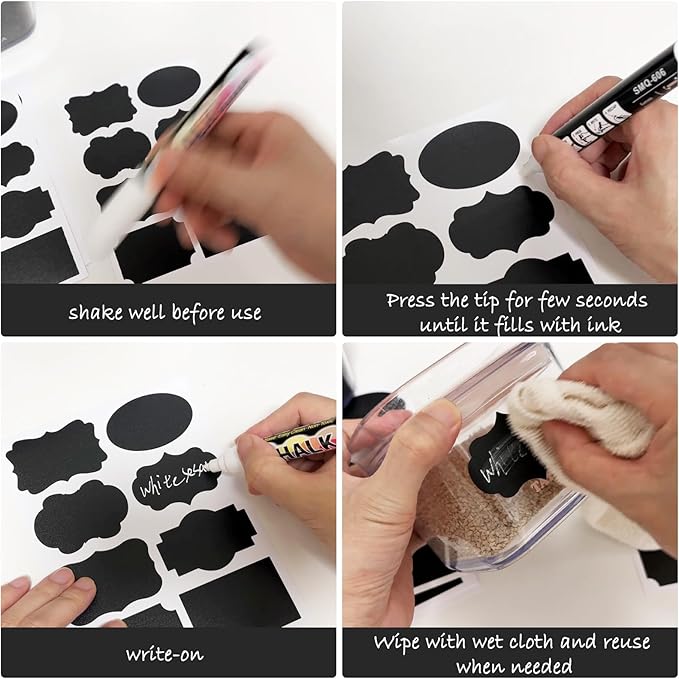 120 Pcs Chalkboard Labels for Storage Bins, Removable Chalk Sticker for Jars Containers Storage Bins, Assorted Shapes - Canning Labels, Bottle Labels, Food Labels Includes Erasable Liquid Chalk Marker