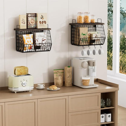 2 Pack Hanging Wall Fruit Basket for Kitchen Counter, Stackable Wire Basket for Fruit, Vegetable, Potato and Onion Storage, Wall-Mounted Fruit Holder with Wood Lid, Banana Hooks & Metal Handles