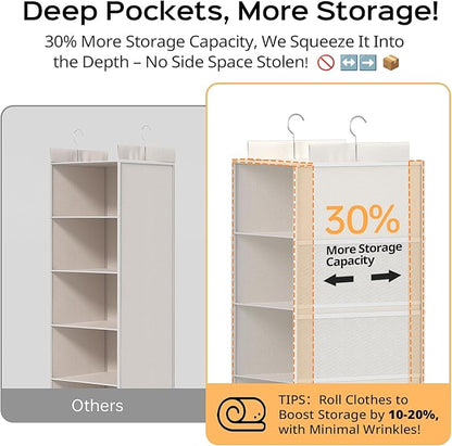 Extra Deep Hanging Closet Organizer with Shelves and Oversized Mesh Pockets, Heavy-Duty Structure, No Deformation, Max Storage for Clothes, Shoes, Hats, Dorms and RVs,1-Pack (White, 6 Tier)
