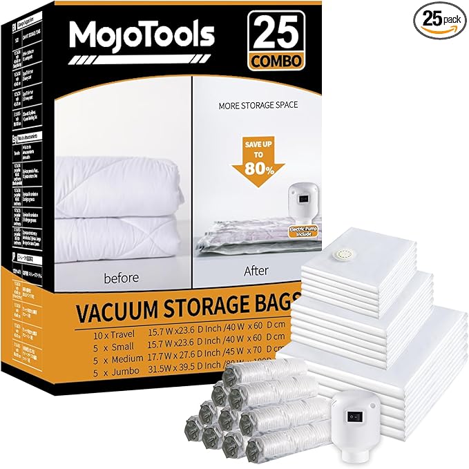 MoJoTools Vacuum Storage Bags with Electric Air Pump, 25 Pack (5 Jumbo, 5 Large, 5 Medium,10 Roll Up Bags) Space Saver Bag, Vacuum Sealer Bags for Clothes, Blanket, Duvets, Pillows, Comforters, Travel
