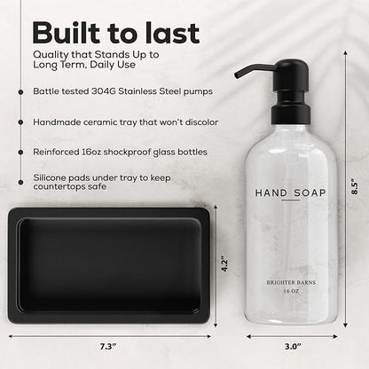 Glass Hand and Dish Soap Dispenser Set by Brighter Barns - Kitchen Soap Dispenser Set with Tray, Stainless Steel Pump - Glass Bottles for Sink - Black Kitchen Accessories for Home, Hotel, Gift (Clear)
