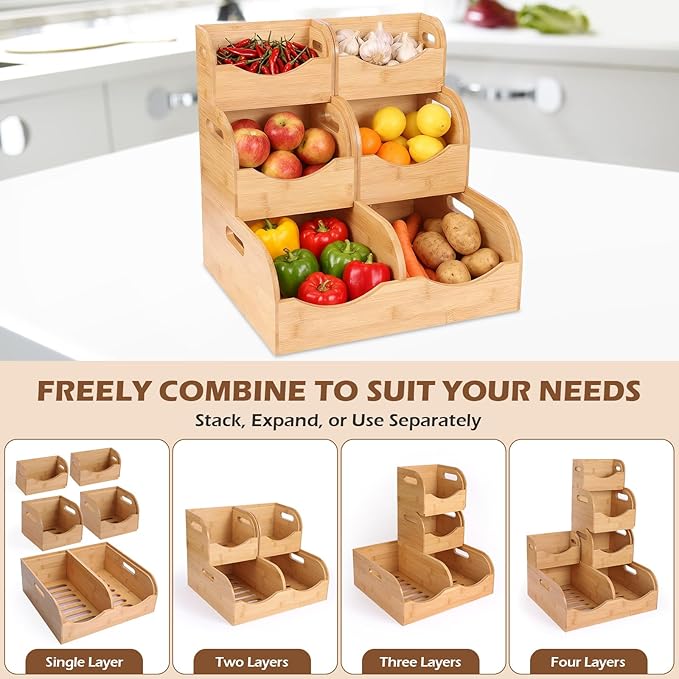 Bamboo Pantry Storage Bins – Potato & Onion Organizer, 3 Tier Stackable with Ventilated Design & Handles for Fruits, Vegetables, Kitchen Countertop, Pantry & Living Room