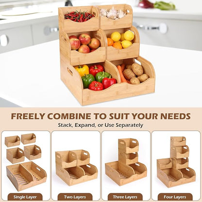 Bamboo Pantry Storage Bins – Potato & Onion Organizer, 3 Tier Stackable with Ventilated Design & Handles for Fruits, Vegetables, Kitchen Countertop, Pantry & Living Room