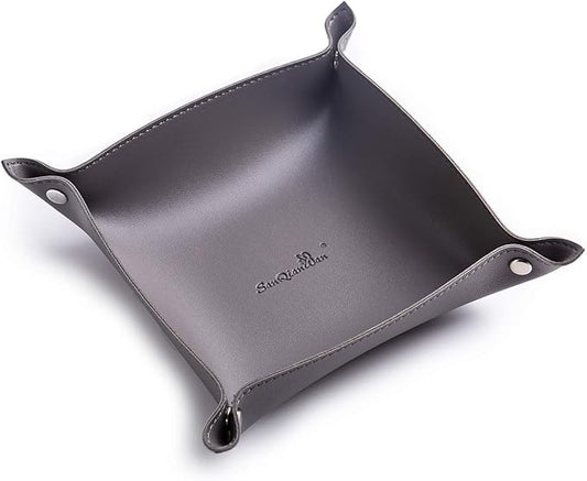 SANQIANWAN Leather Jewelry Valet Tray for Women and Man, Portable Entryway Table Tray Bedside Nightstand Desk Tray Small Catchall Travel Dish Plate for Key,Wallet,Watch,Coin (Deep Grey-B)