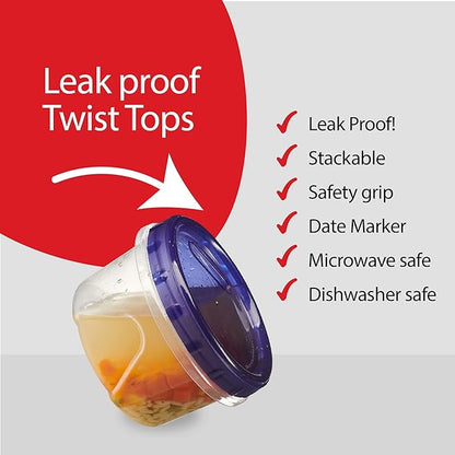 PLASTICPRO 6 Pack Twist Cap Food Storage Containers with Blue Screw on Lid- 16 oz Reusable Meal Prep Containers - Freezer and Microwave Safe Blue Plastic Food Storage