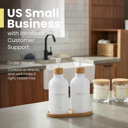 Maisonovo Plastic Soap Dispenser Set | Hand Soap and Dish Soap Dispenser Set | 16.9oz Amber Bottles with Black Bamboo Pump | Bathroom Lotion Dispenser with Pump Set of 2