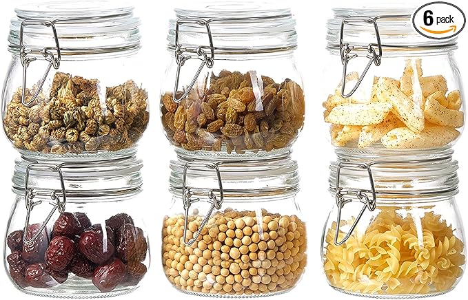 17oz Glass Food Storage Jars with Airtight Lids, Set of 6 – Clear Preserving Seal Wire Clip Fastening Canisters for Kitchen Canning, Flour, Cereal, Pasta, Sugar, Beans, Pickling Jars (17oz*6)