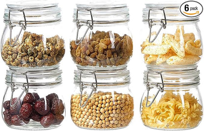 17oz Glass Food Storage Jars with Airtight Lids, Set of 6 – Clear Preserving Seal Wire Clip Fastening Canisters for Kitchen Canning, Flour, Cereal, Pasta, Sugar, Beans, Pickling Jars (17oz*6)