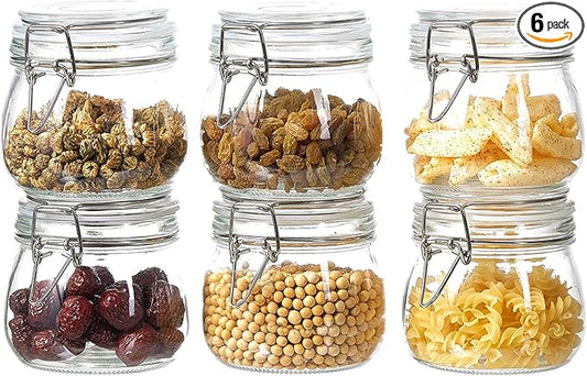 17oz Glass Food Storage Jars with Airtight Lids, Set of 6 – Clear Preserving Seal Wire Clip Fastening Canisters for Kitchen Canning, Flour, Cereal, Pasta, Sugar, Beans, Pickling Jars (17oz*6)