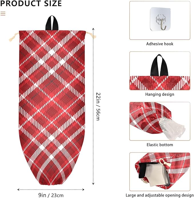 1 PC Plastic Bag Holder Wall Mount Grocery Bag Holder Shopping Bag Trash Bag Storage Organizer Dispenser for Kitchen Closet 22 x 9 Inch Christmas Red Plaid