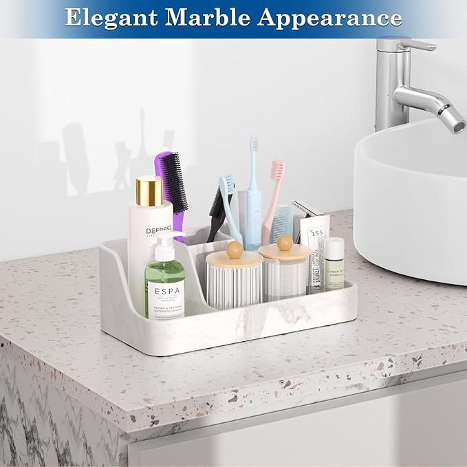 Polinook Marble Bathroom Countertop Organizer - Silicone Bathroom Vanity Countertop Organizer - Tooth Brush Organizer With 2PCS Qtip Holder Dispenser - Toothpaste Holder Drainage - Bathroom Essentials