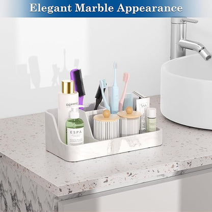 Polinook Marble Bathroom Countertop Organizer - Silicone Bathroom Vanity Countertop Organizer - Tooth Brush Organizer With 2PCS Qtip Holder Dispenser - Toothpaste Holder Drainage - Bathroom Essentials