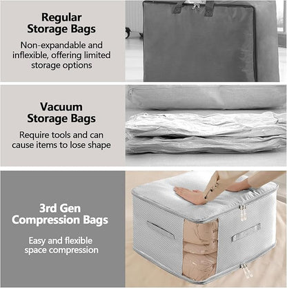 6 Pack Space Saving Comforter Storage Bag with Handle, 3-Layer Compression Blanket Storage Bags Adjustable In 3 Sizes (142L, 107L, 71L), Washable Bedding Organizer For Pillow Duvet Clothing Plush Toy