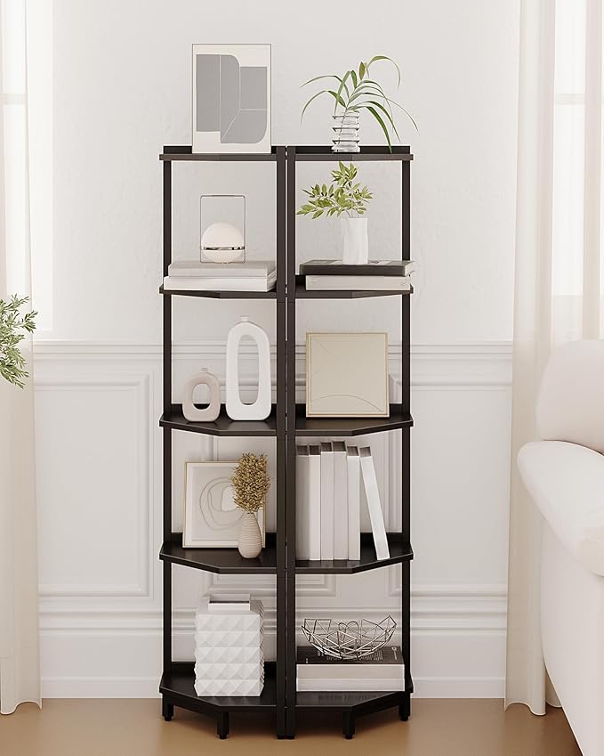 Corner Shelf Stand, Corner Bookshelf, Storage Standing Shelf Unit with Metal Frame, Plant Stand, Corner Bookcase for Living Room, Home Office, Bedroom, 5-Tier Black CS05906B